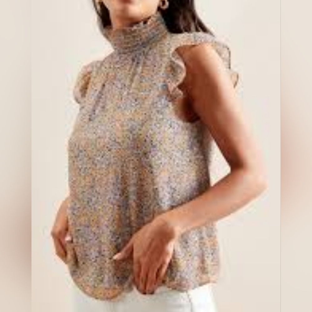 Banana Republic Floral Mock Turtleneck Flutter-sleeve Top, Size XS